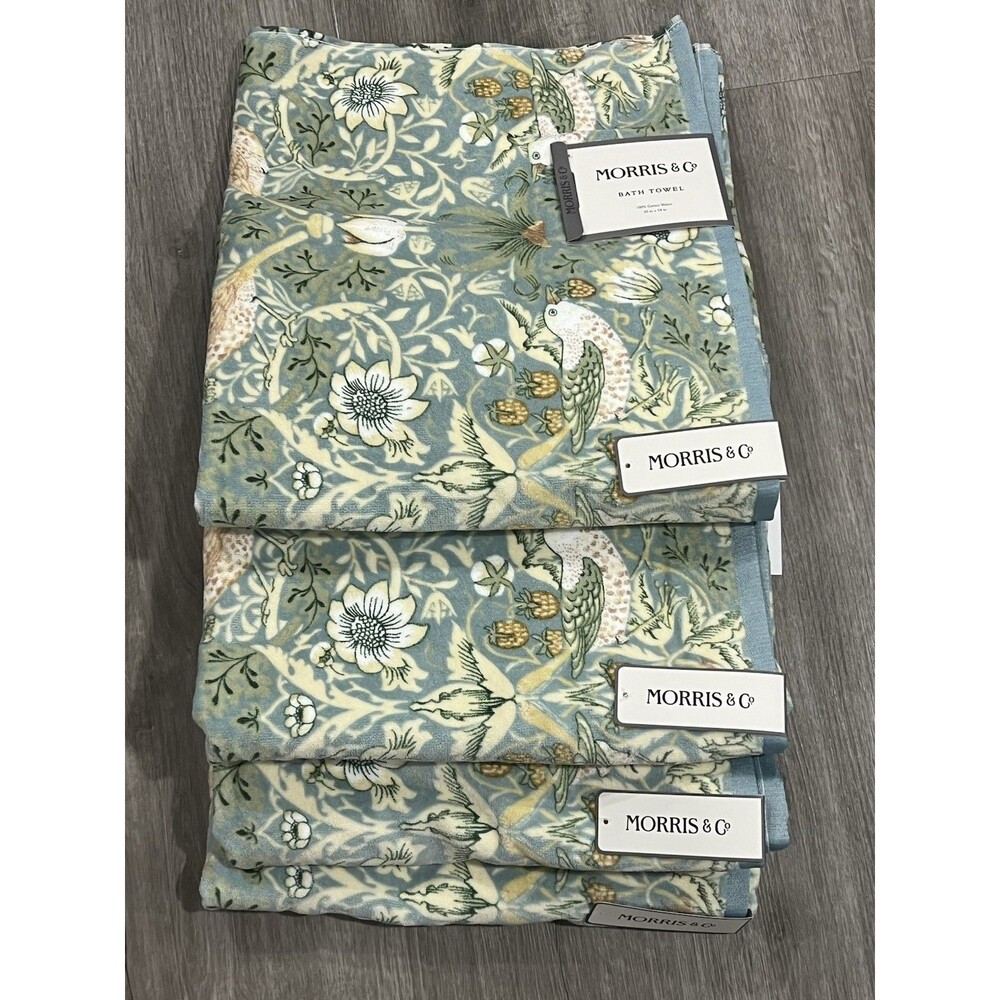 Morris & Co. Strawberry Thief Bath Towel 4 PC Set Birds & Floral New